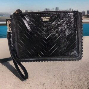 Victoria Secret Wristlet Clutch Black Faux Leather Perforated Scalloped Edge Zip